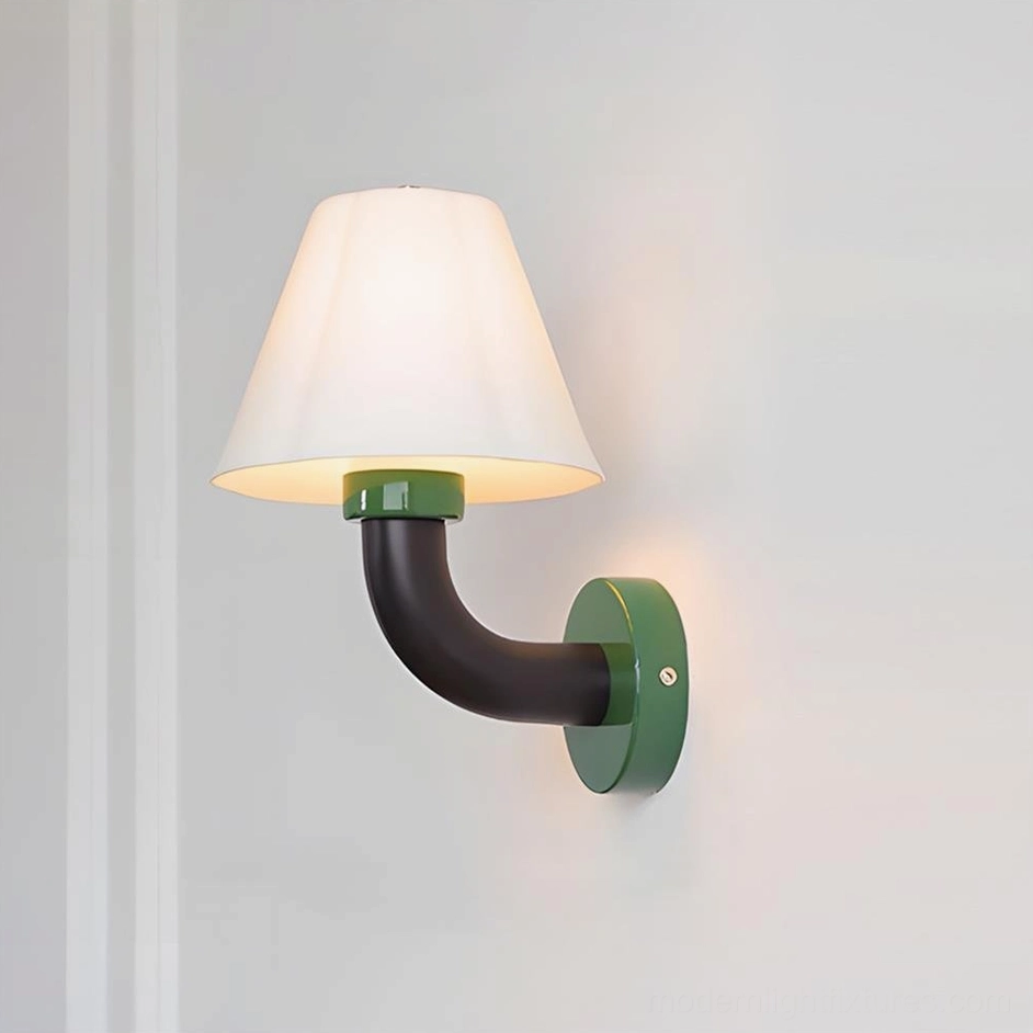 Twist Shine modern wall sconce with forest green base, black arm, and white shade - full product view