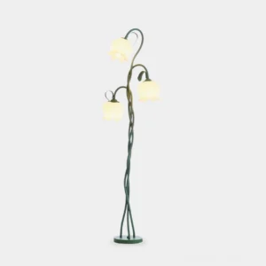 Twist Tulip three-head poseable floor lamp front view with soft sage green twisted pole and cream white tulip-shaped acrylic shades on white background