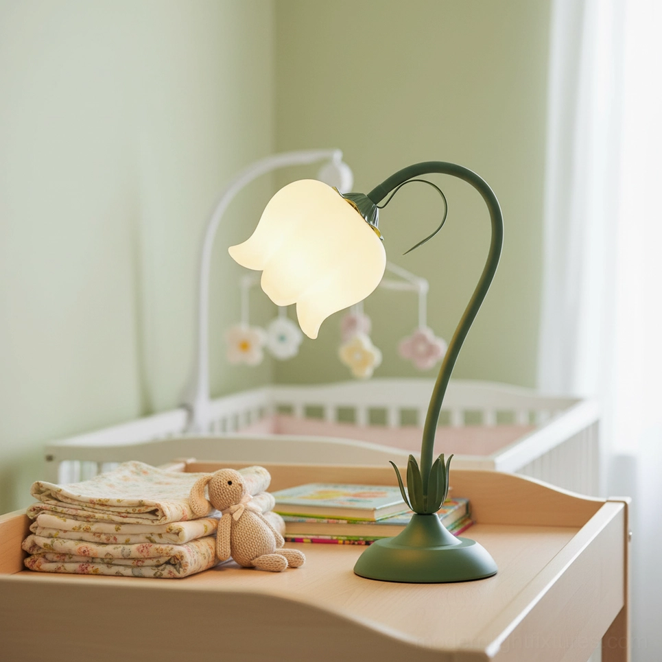 Adjustable twist tulip table lamp showcasing curved stem positioning and floral base design
