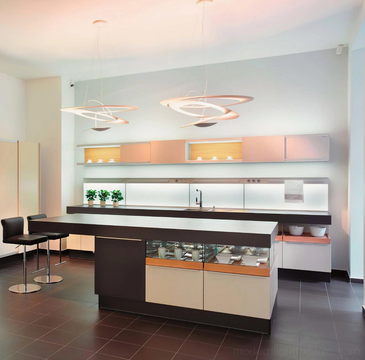 Twisted ring LED chandelier cool white 6000K variant in modern kitchen space, bright task lighting