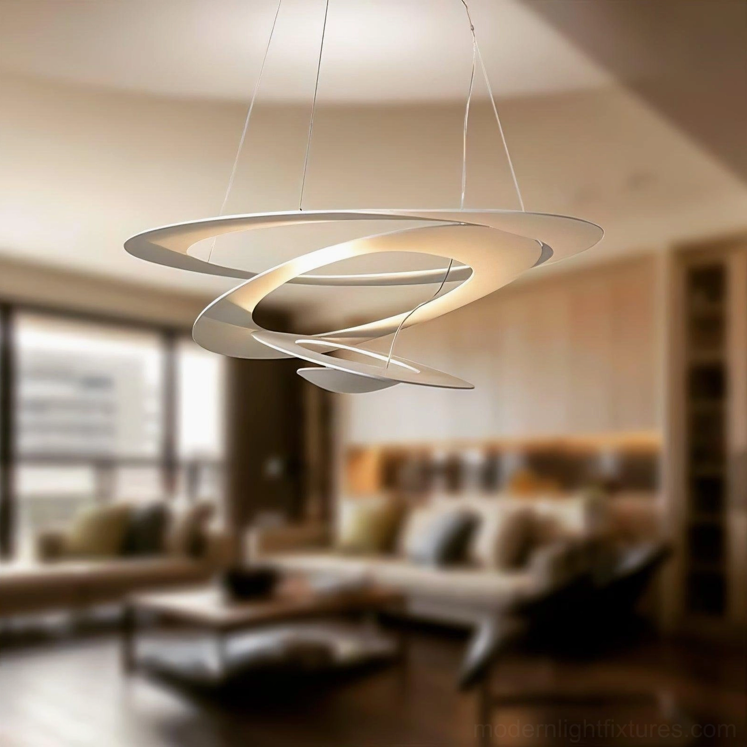 Twisted ring LED chandelier in luxury living room, minimalist matte white design with ambient warm glow