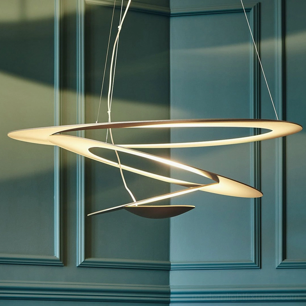 Twisted ring LED pendant light fixture shadow detail, dynamic light and dark interplay