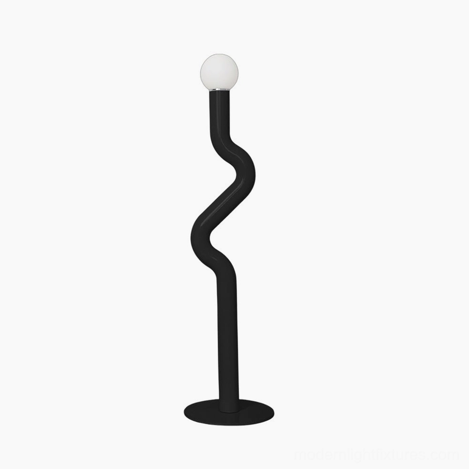 Twistie floor lamp full design view showing G9 socket compatibility, foot switch, and global plug options