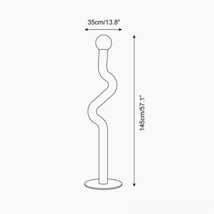 Twistie floor lamp technical specifications showing dimensions 145cm height by 35cm width with measurement details