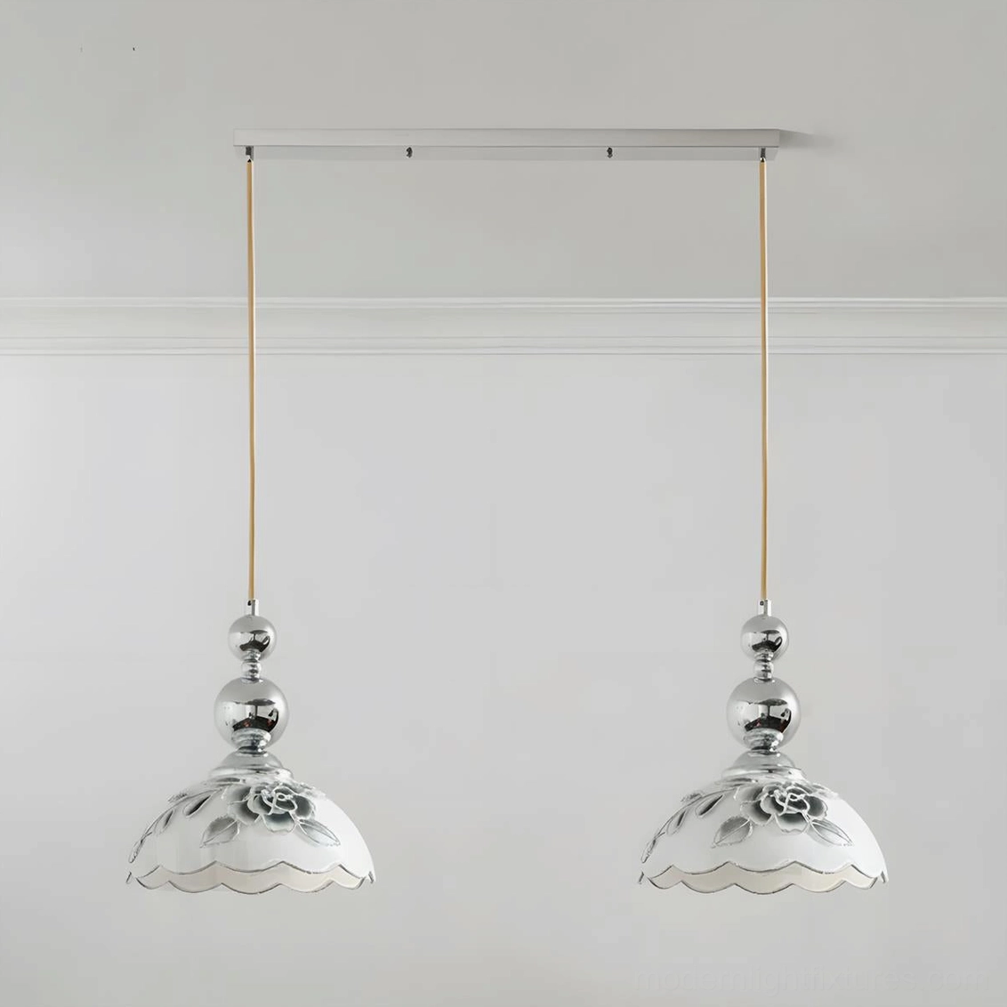 2-head linear pendant light with chrome finish and hand-painted floral shades, kitchen island application