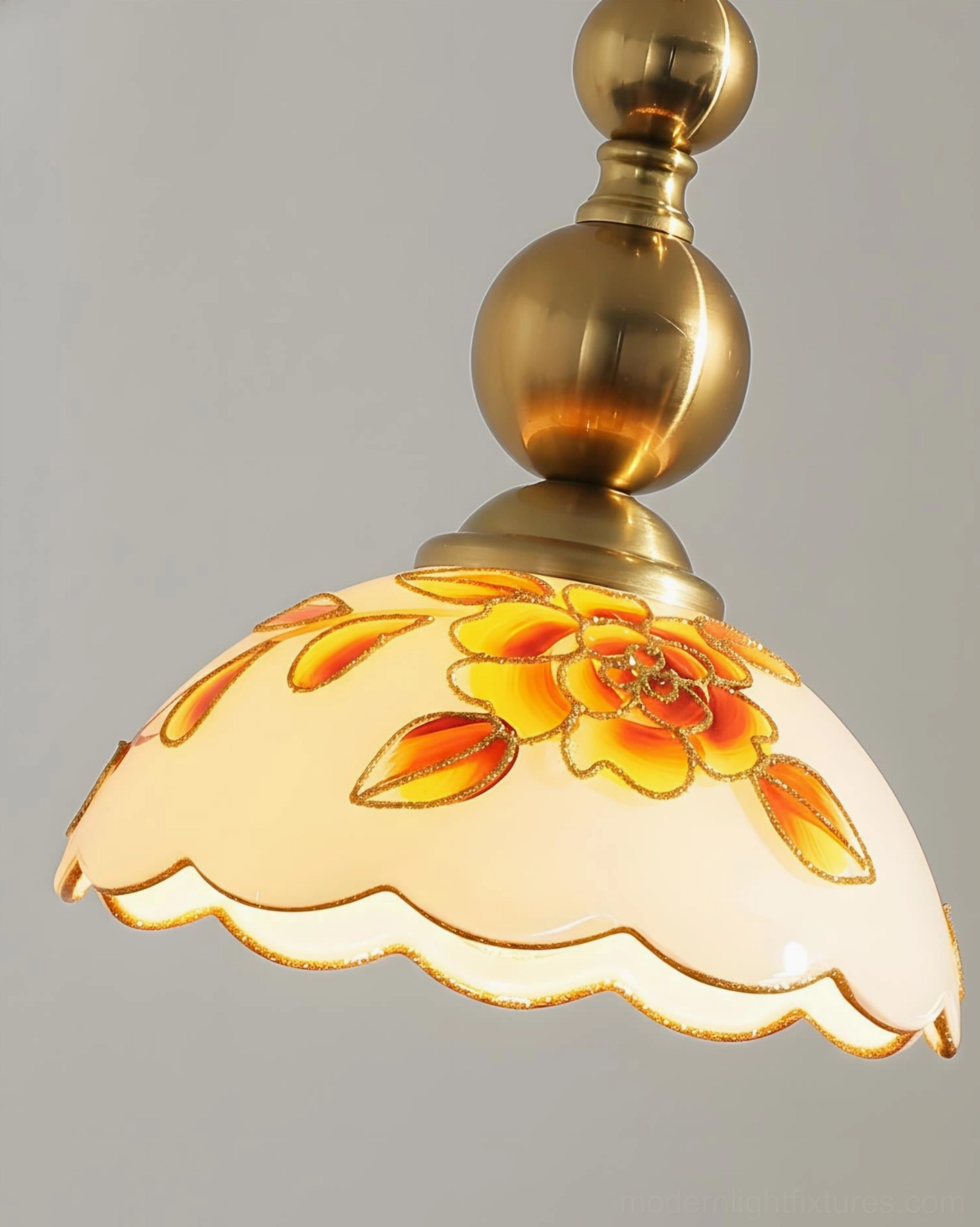 2-head linear floral pendant light suspended above kitchen counter in contemporary home