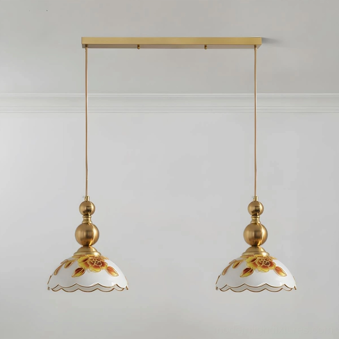 2-head linear pendant light with gold hardware and hand-painted floral white shades