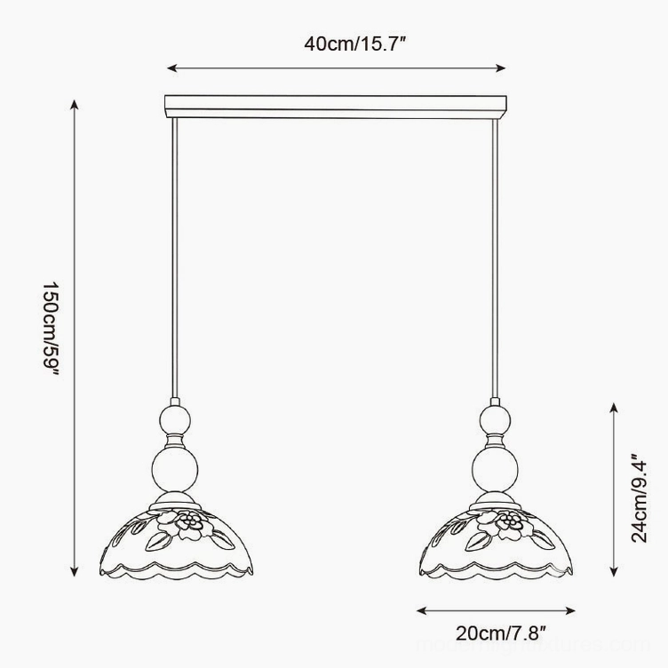 Technical specification drawing of 2-head linear pendant light with suspension dimensions