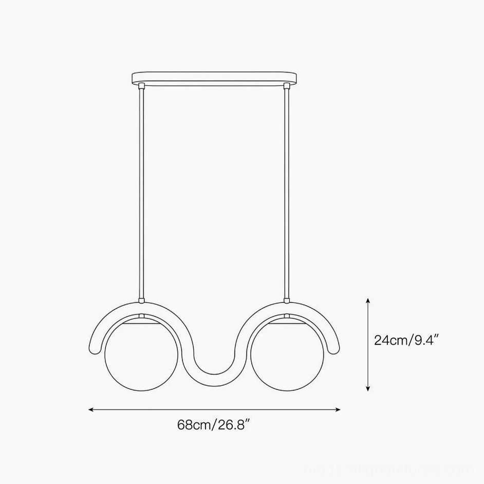 Dual-globe wave pendant lamp front elevation technical drawing with 68cm width and 24cm height dimensions