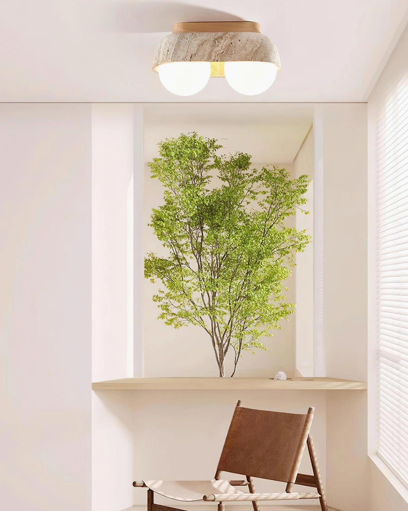 2-head travertine minimalist ceiling light with light wood base and dual frosted glass shades in entryway