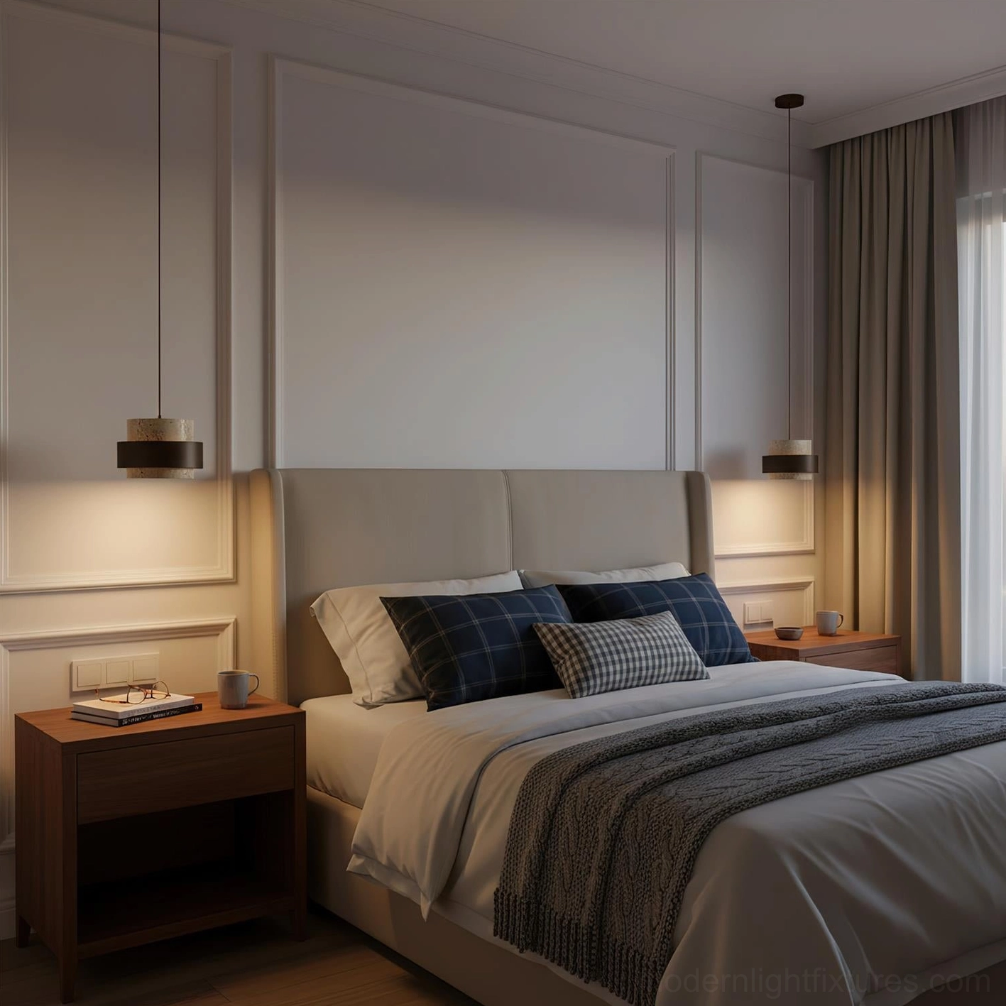 Two-head travertine pendant lamp linear chandelier, fully installed overhead view showing dual shade positioning