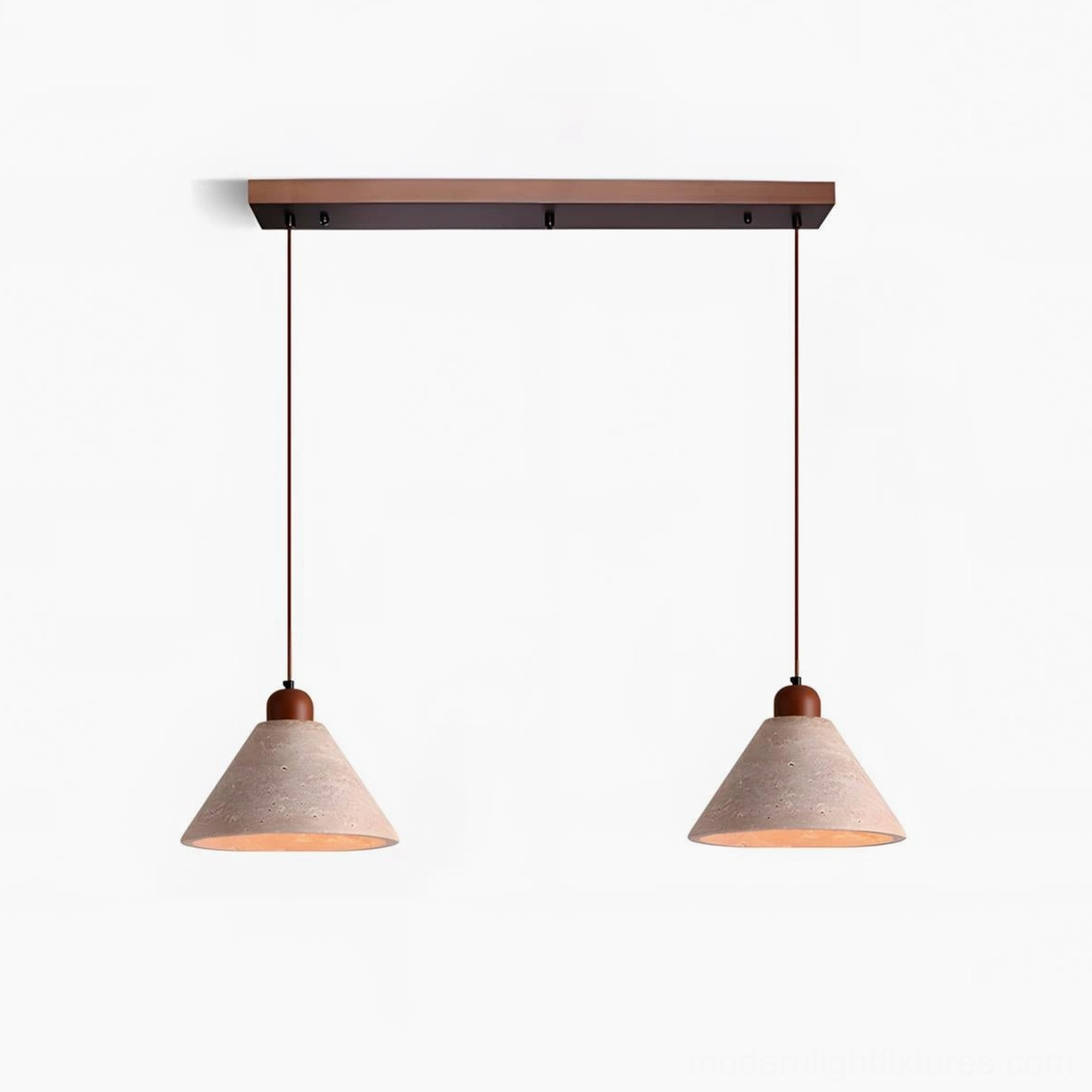 Two-head travertine pendant light installation above contemporary kitchen island with minimalist design and neutral interior styling