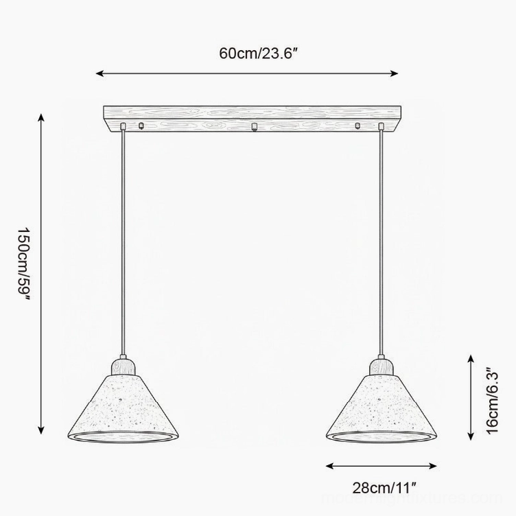 Two-head travertine pendant light fixture technical blueprint showing 60cm bar length, 150cm suspension, and dual cone arrangement