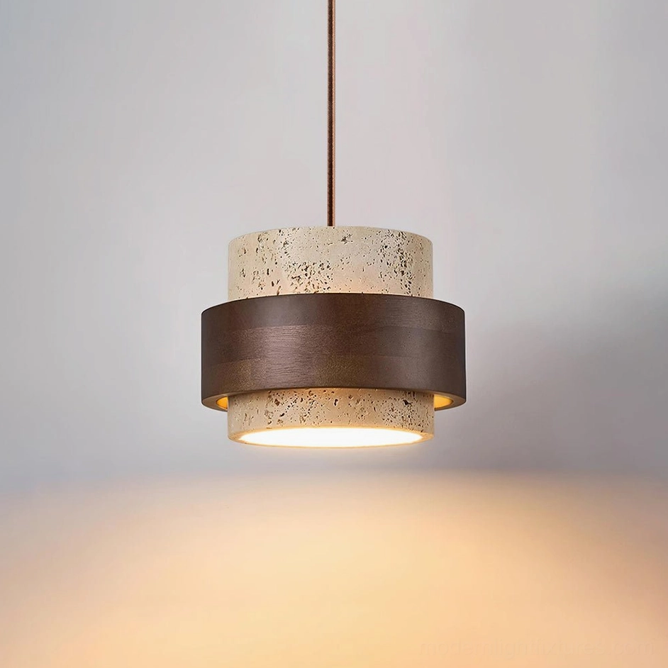 Two-head travertine pendant light fixture with warm downward glow, low angle view demonstrating stone diffused illumination effect