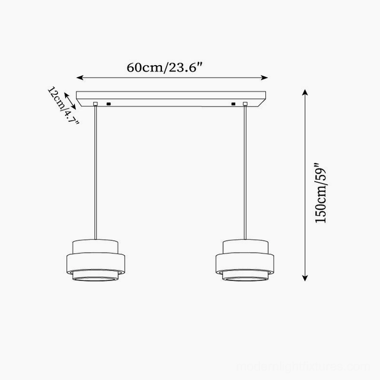 Two-head travertine pendant linear chandelier technical specification showing 55cm length and 150cm hanging height