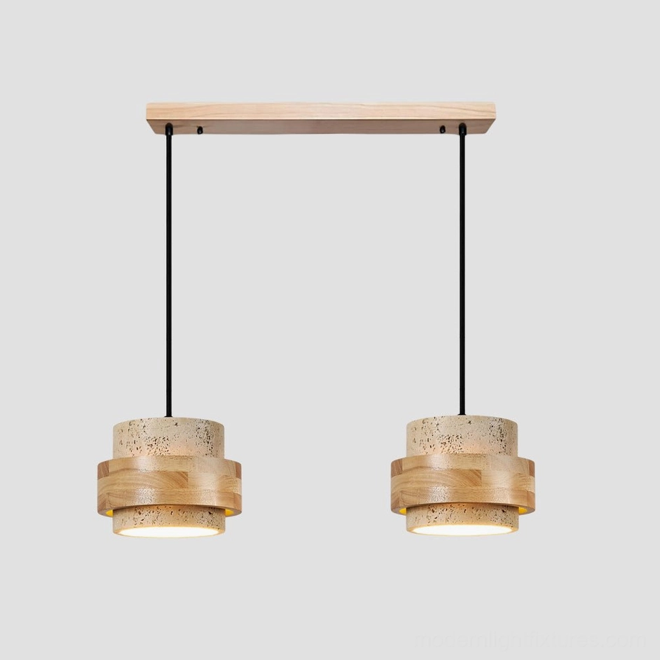Two-head travertine pendant linear lamp warm glow demonstration, paired pendant illumination effect