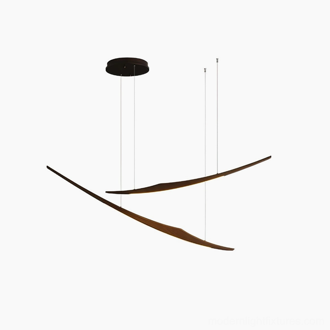 Two-head arc chandelier in natural wood color showing mid-century modern styling