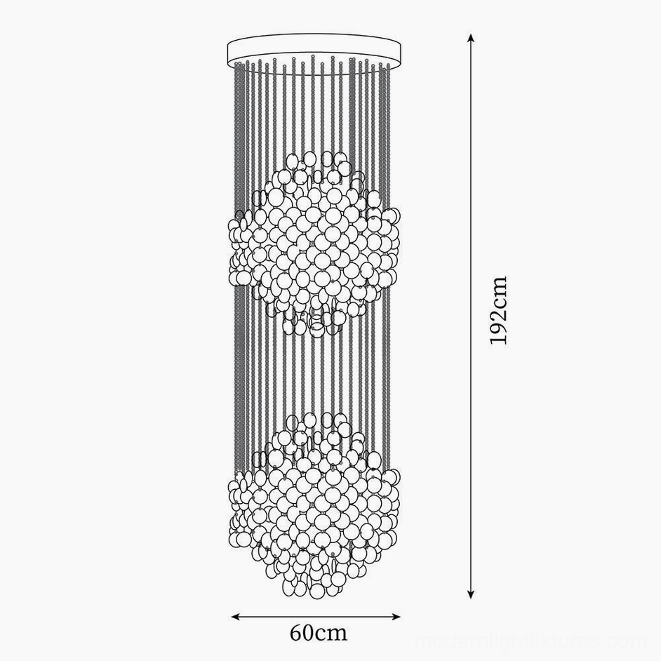 Two-layer shell pendant chandelier technical drawing orthographic view 60cm width 192cm height dual clusters