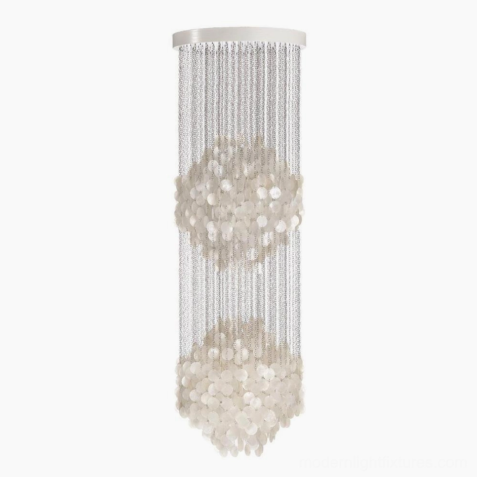 Two-layer shell chandelier installed in contemporary home showing dual cluster arrangement and proportions