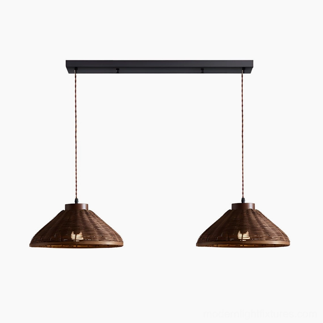 Two-light rattan pendant cluster with small cone shades on black metal bar for dining table