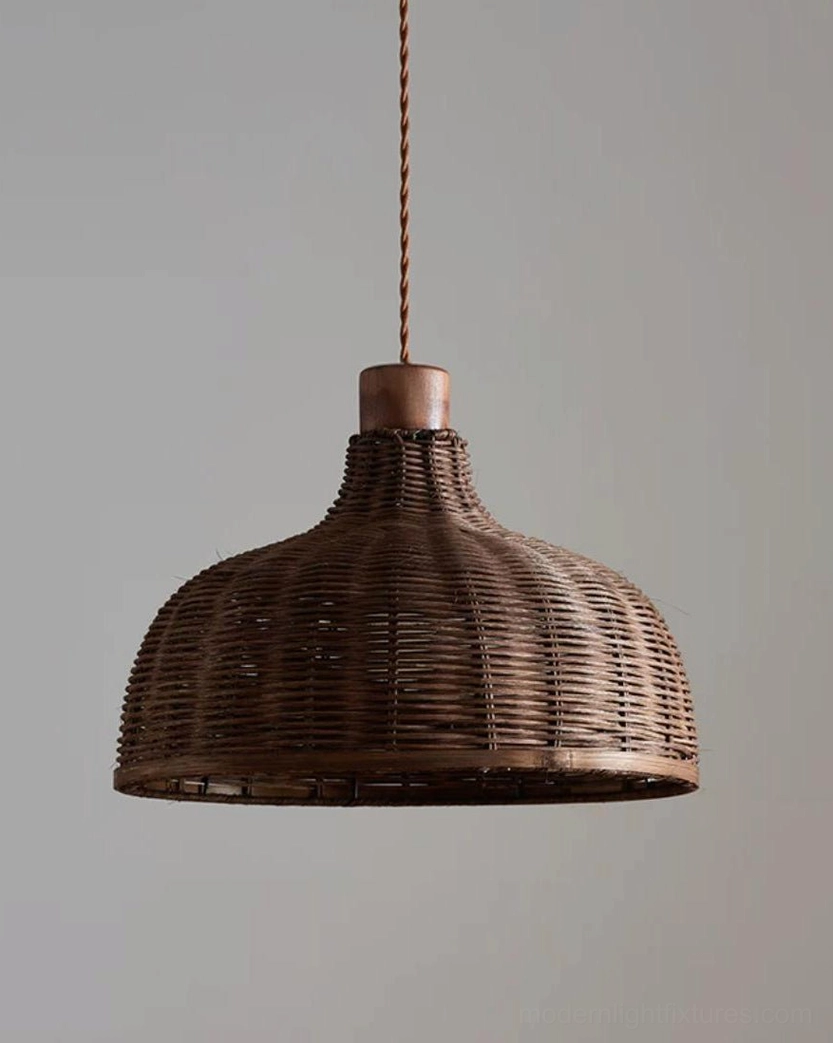 Two-light linear rattan pendant cluster on black metal bar above dining table, modern farmhouse style