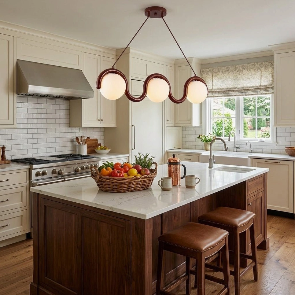 2-head wave pendant fixture showing glass globe placement and metal frame wave design