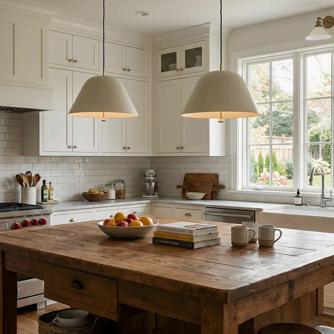 Two off-white dome pendant lights overhead view of bright white farmhouse kitchen with minimalist design