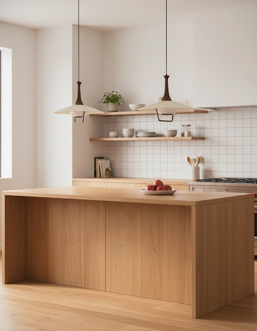 Two modern pleated pendant lamps above light wood kitchen island with white tile backsplash open shelving