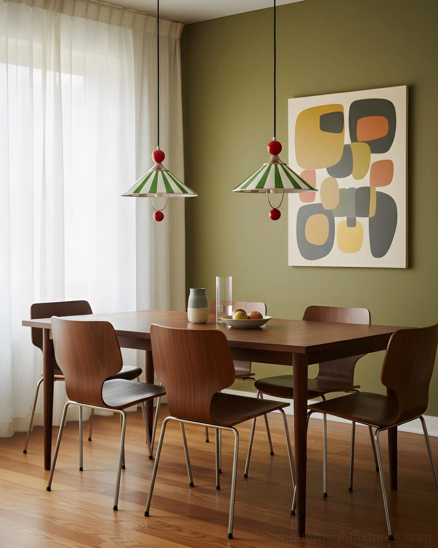 Two retro color block pendant lamps above dining table with olive green wall, warm mid-century modern dining space