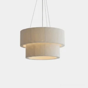 Two-tier cream cotton-thread drum pendant light with white iron frame, front low-angle view against white background, modern minimalist design