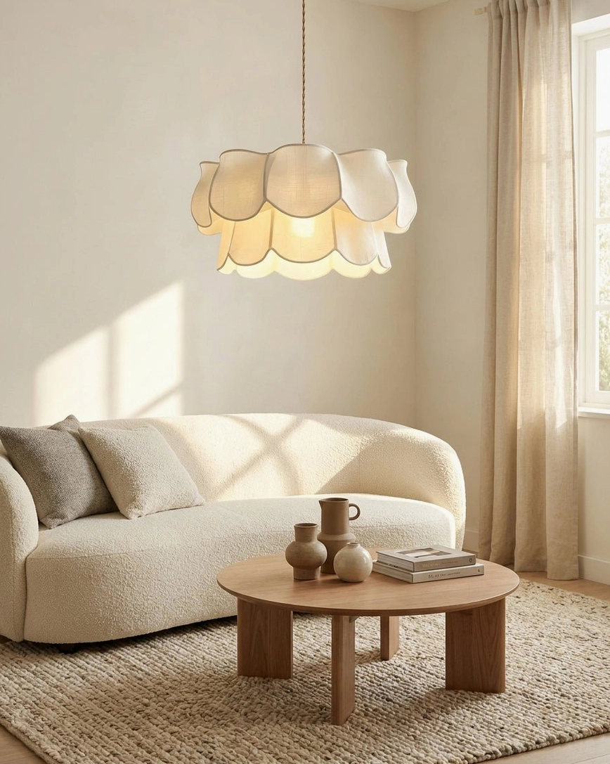 Two-tier fabric petal pendant lamp in compact neutral living room, wide view with boucle sofa and warm ambient lighting, natural sunlight and soft glow