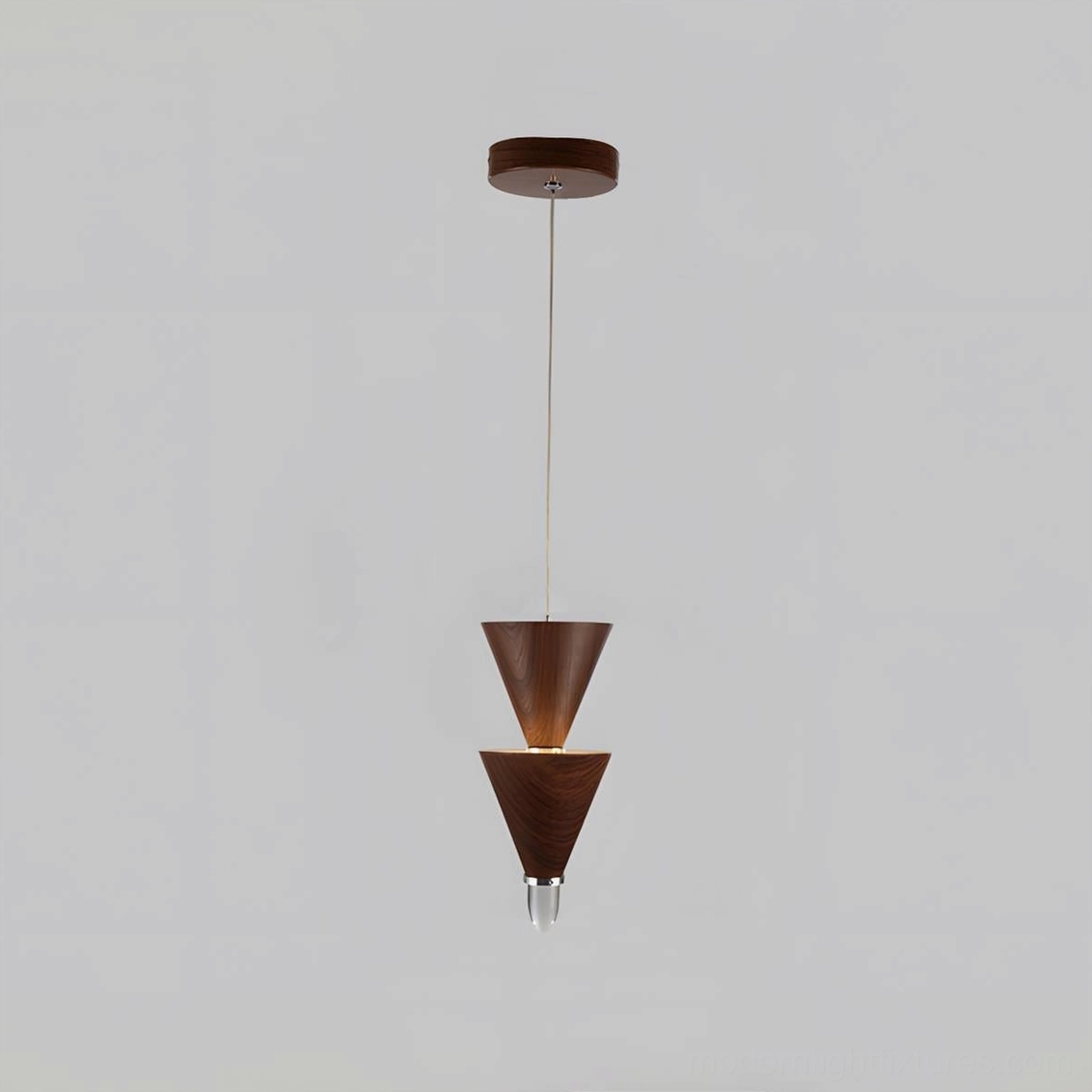 Two-tier stacked cone pendant light with dark walnut wood grain and glass finial, studio shot