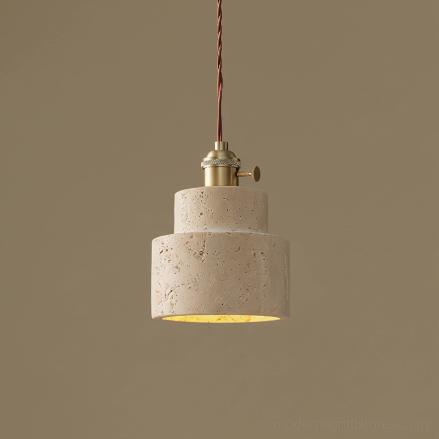 Two-tier cylindrical travertine pendant lamp with beige stone shade and twisted cord