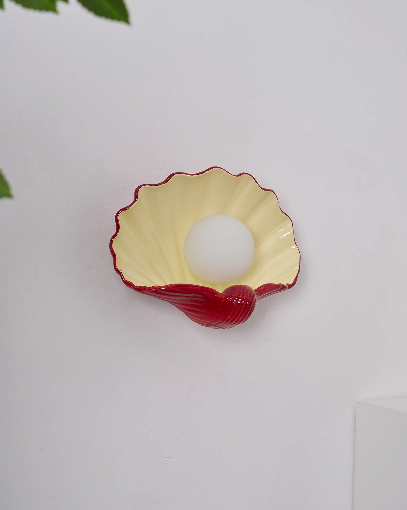 Two-tone ceramic scallop shell wall lamp, beige and white or red and white options, coastal design variant
