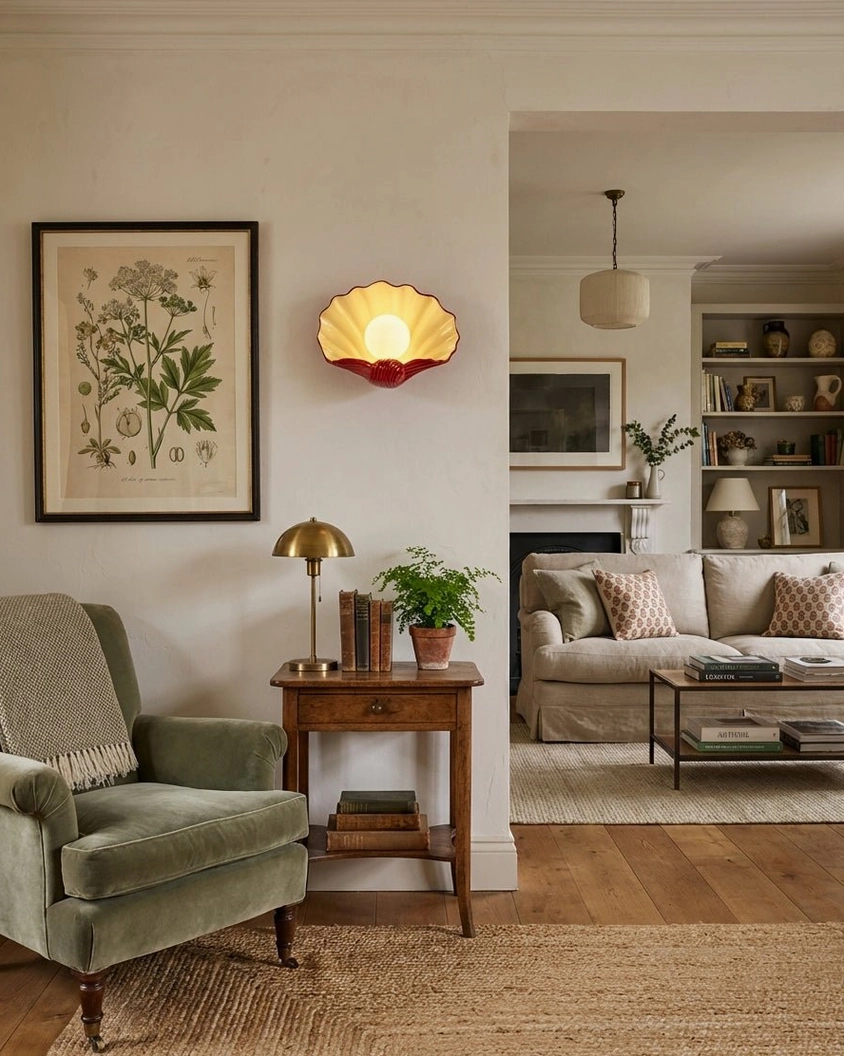Two-tone cream and burgundy ceramic scallop wall sconce mounted on accent wall, contemporary coastal lighting design