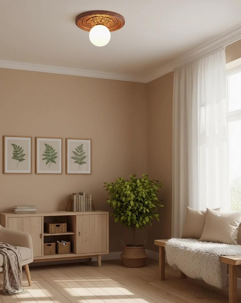 Two-tone modern ceiling light with brown carved resin base and white frosted acrylic shade
