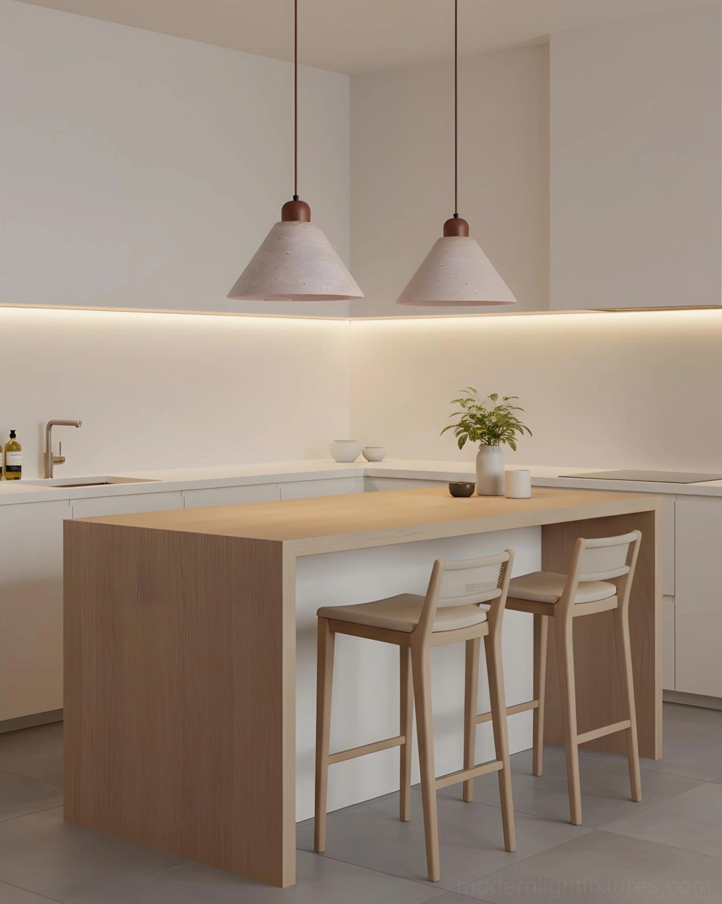 Two-unit travertine cone pendant lights with brown wood caps installed over kitchen counter in compact modern minimalist space