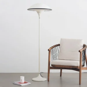Scandinavian UFO floor lamp in contemporary living room with rattan furniture and minimalist decor, 150cm height