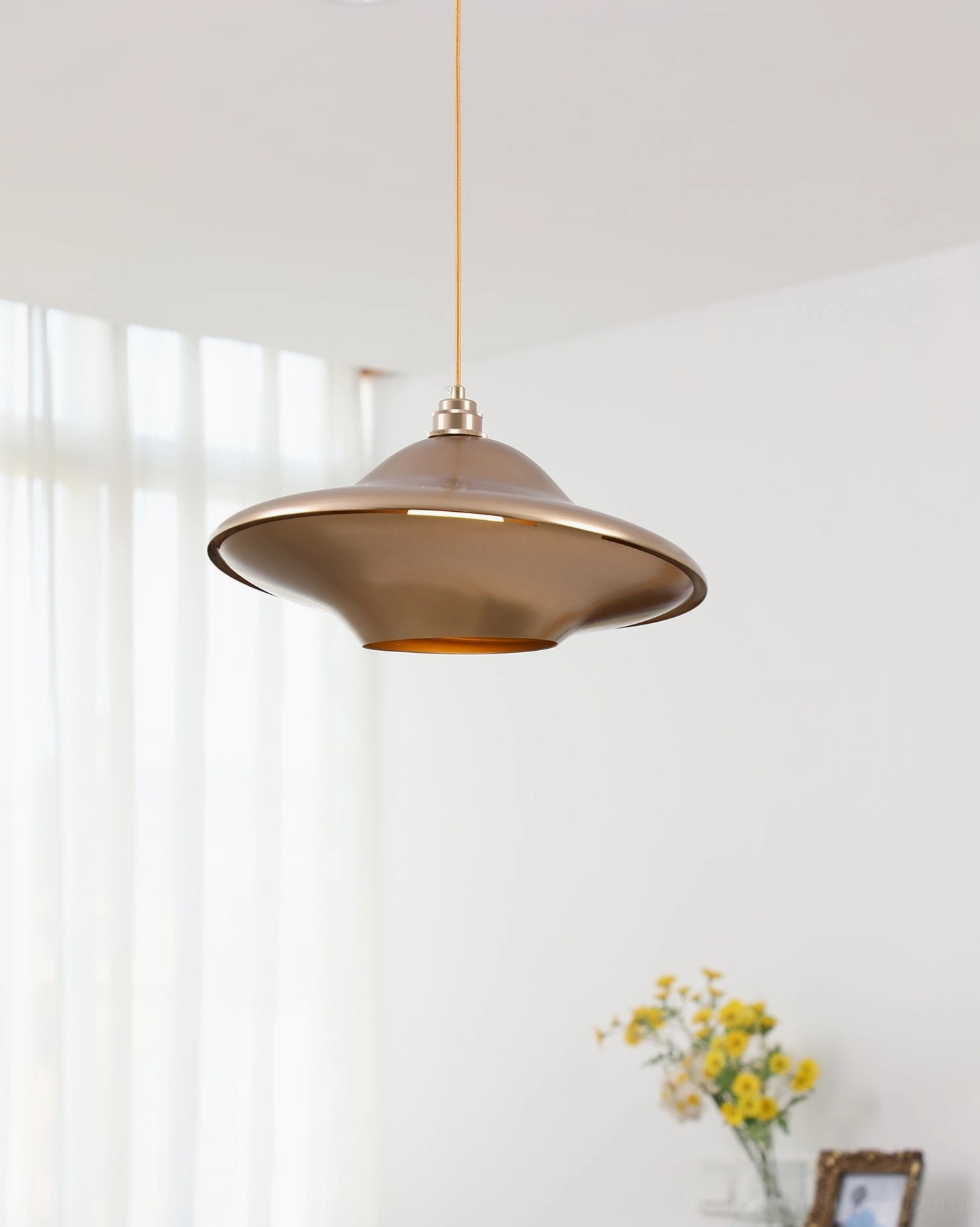 UFO pendant light bronze finish detail - matte metallic saucer-shaped modern ceiling lamp with smooth curves
