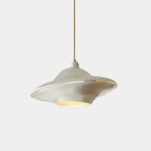 UFO pendant light front view - modern disc ceiling lamp with polished metal finish and illuminated interior