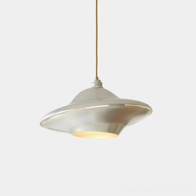 UFO pendant light front view - modern disc ceiling lamp with polished metal finish and illuminated interior