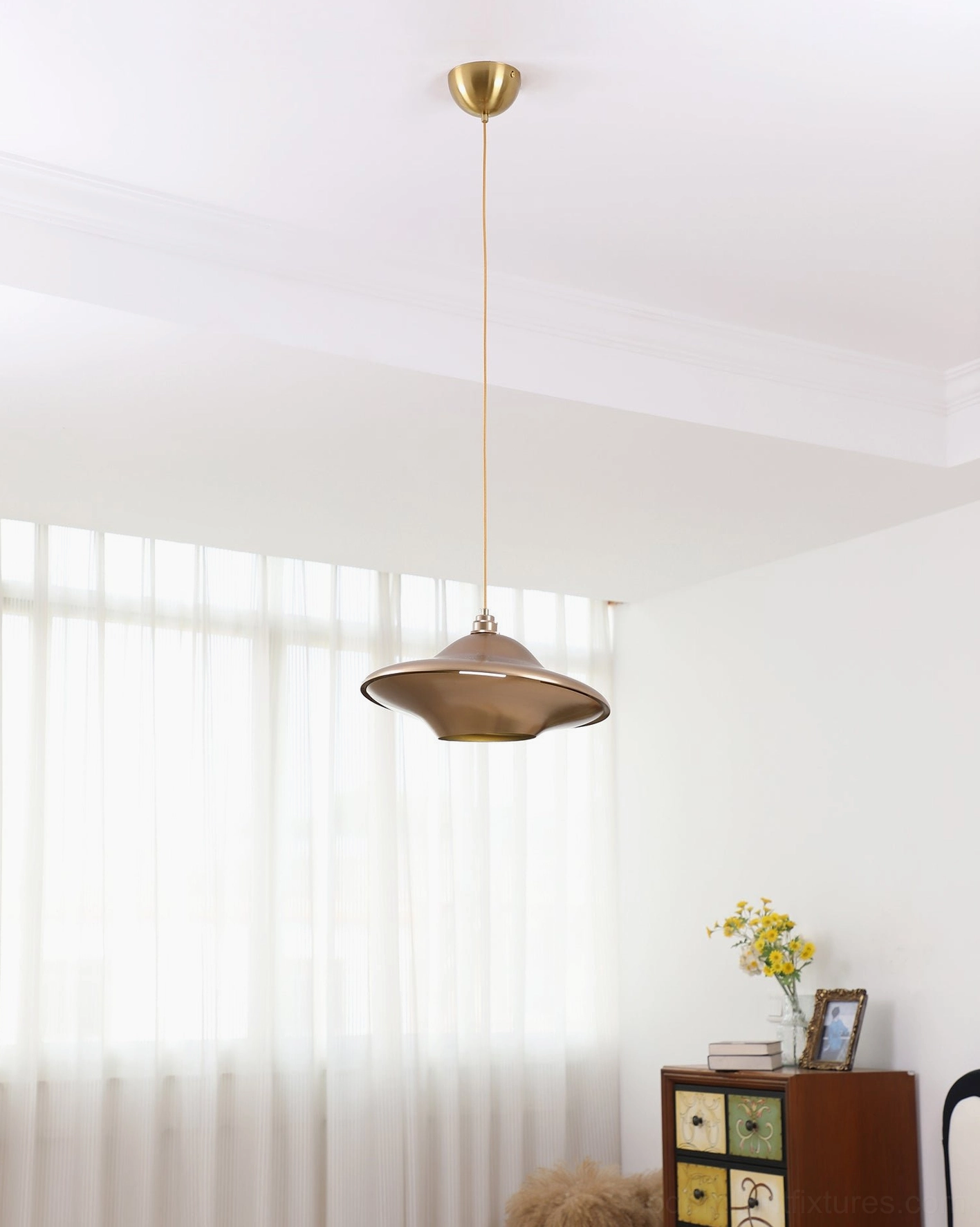 Rose gold UFO pendant light suspended - modern disc ceiling fixture with bronze metallic finish