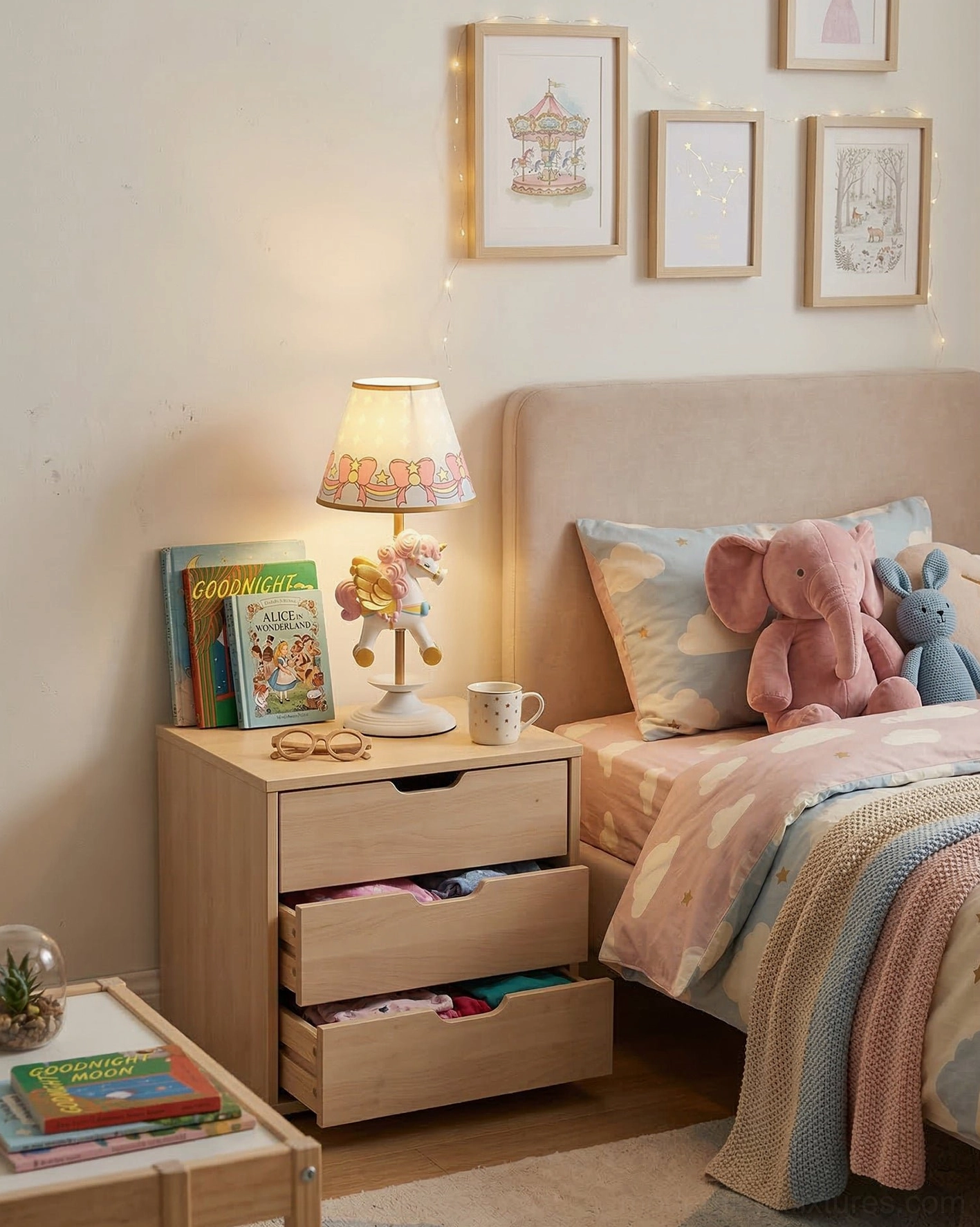 Cartoon-style kids bedside unicorn lamp with cream floral fabric shade in minimalist children's bedroom