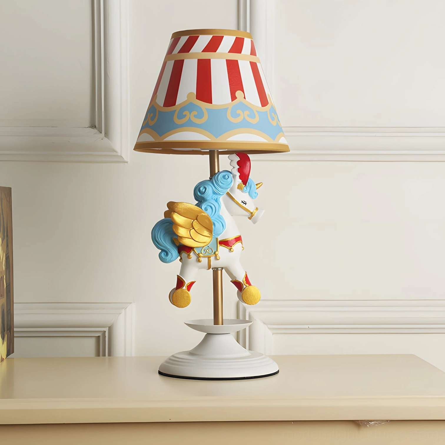Blue model unicorn carousel table lamp with star embellishments and soft tapered fabric shade