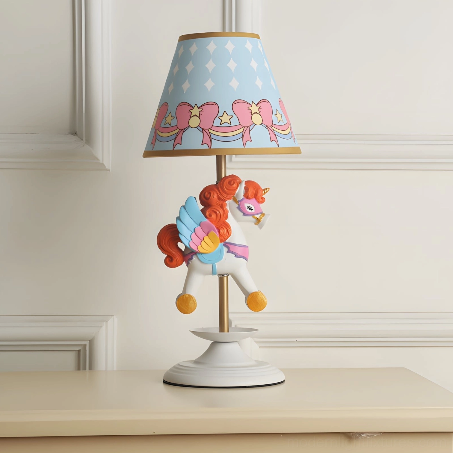 Red model unicorn carousel table lamp with golden accents and pastel ribbon motifs