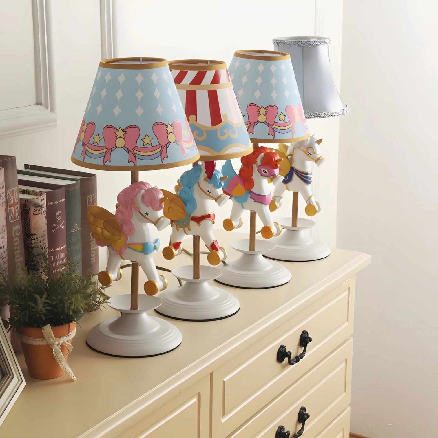 White model unicorn carousel lamp with refined sculptural silhouette and pastel motif shade