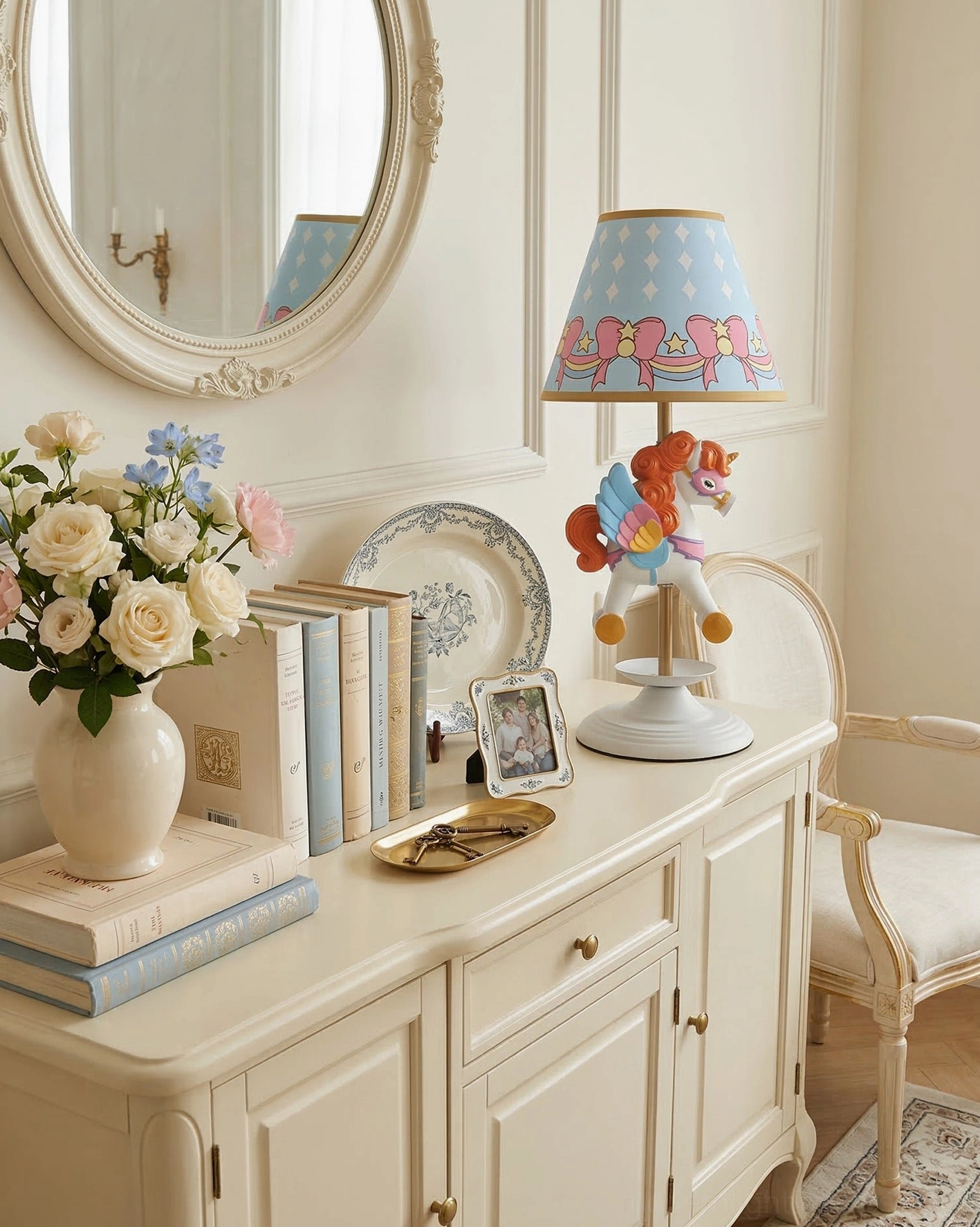 Pastel unicorn kids table lamp displayed on cream side cabinet with round mirror and floral wall decor in European entrance hallway