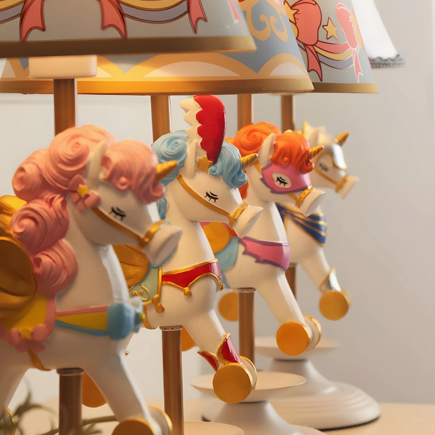 Unicorn carousel table lamp detail showing fabric shade construction with star and ribbon patterns
