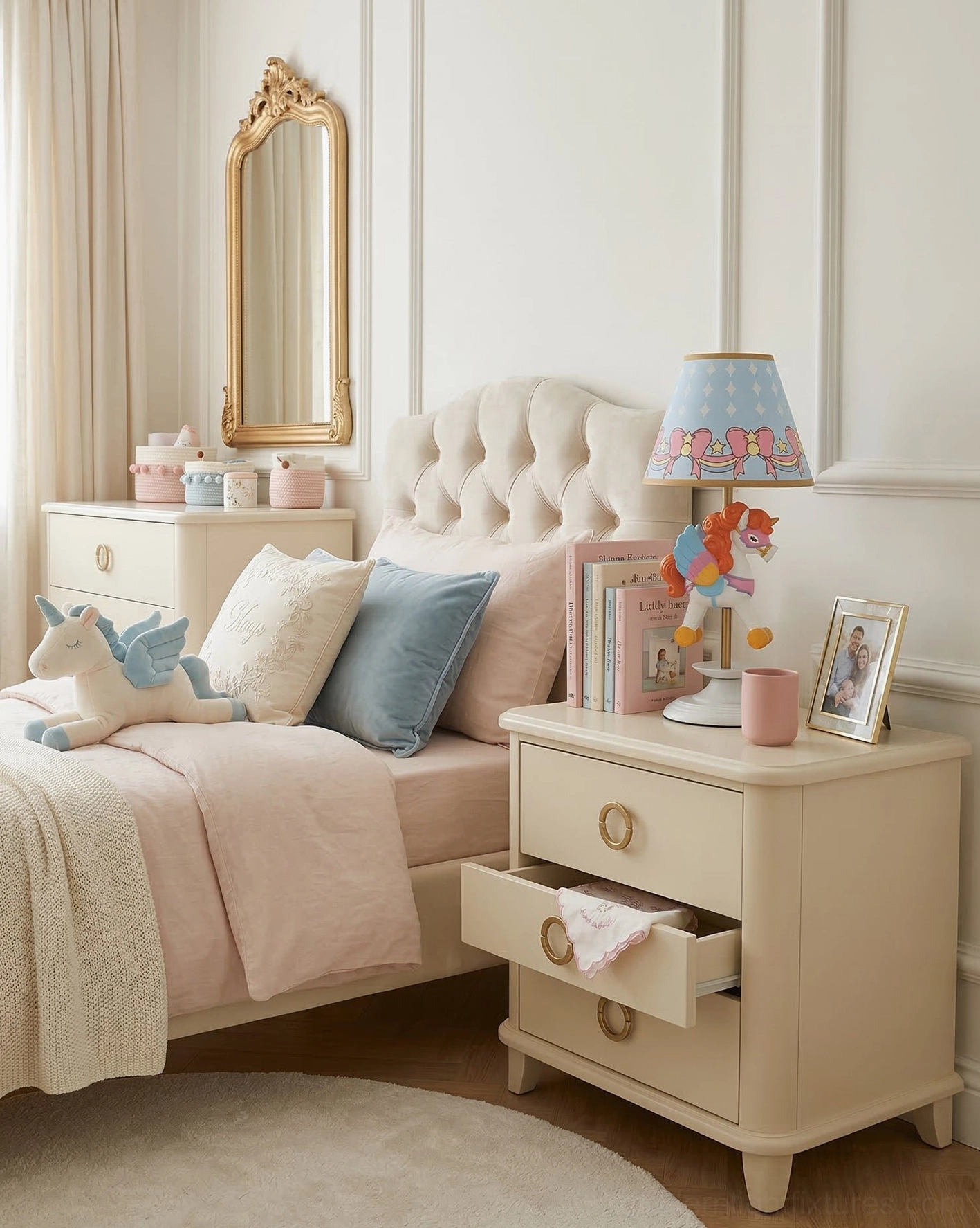 Carousel-inspired unicorn table lamp on ivory nightstand with pastel bedding in French cream bedroom design