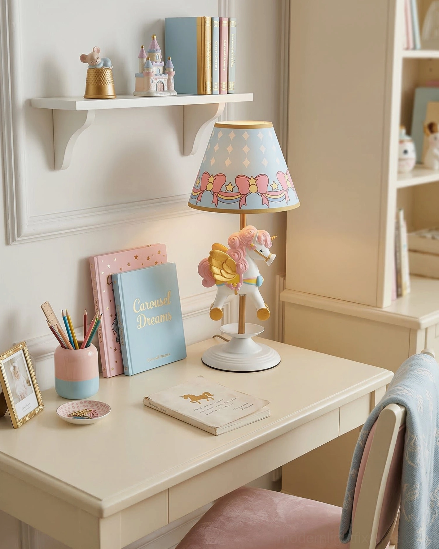 Pastel unicorn table lamp on kids study desk area with stationery, books, and photo frame for focused task lighting